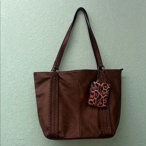 Elegant Brown Tote with Leopard Accent